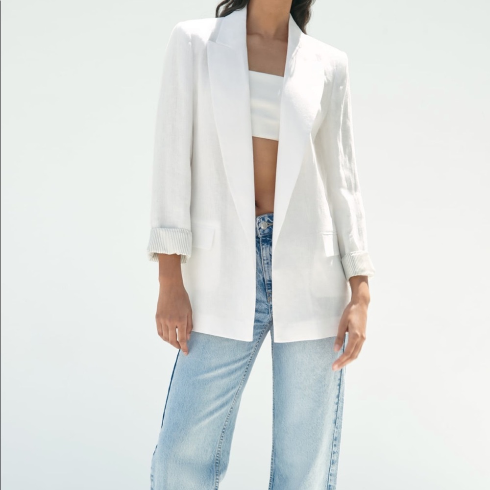 Zara Linen Printed Cuff Blazer